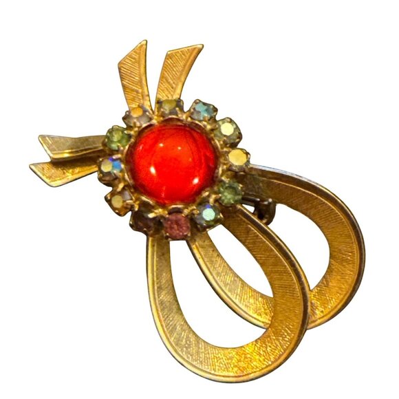 Vintage Jelly Belly Red Rhinestone Bow Brooch Pin Gold-Tone Metal With Multicolo - Picture 4 of 9
